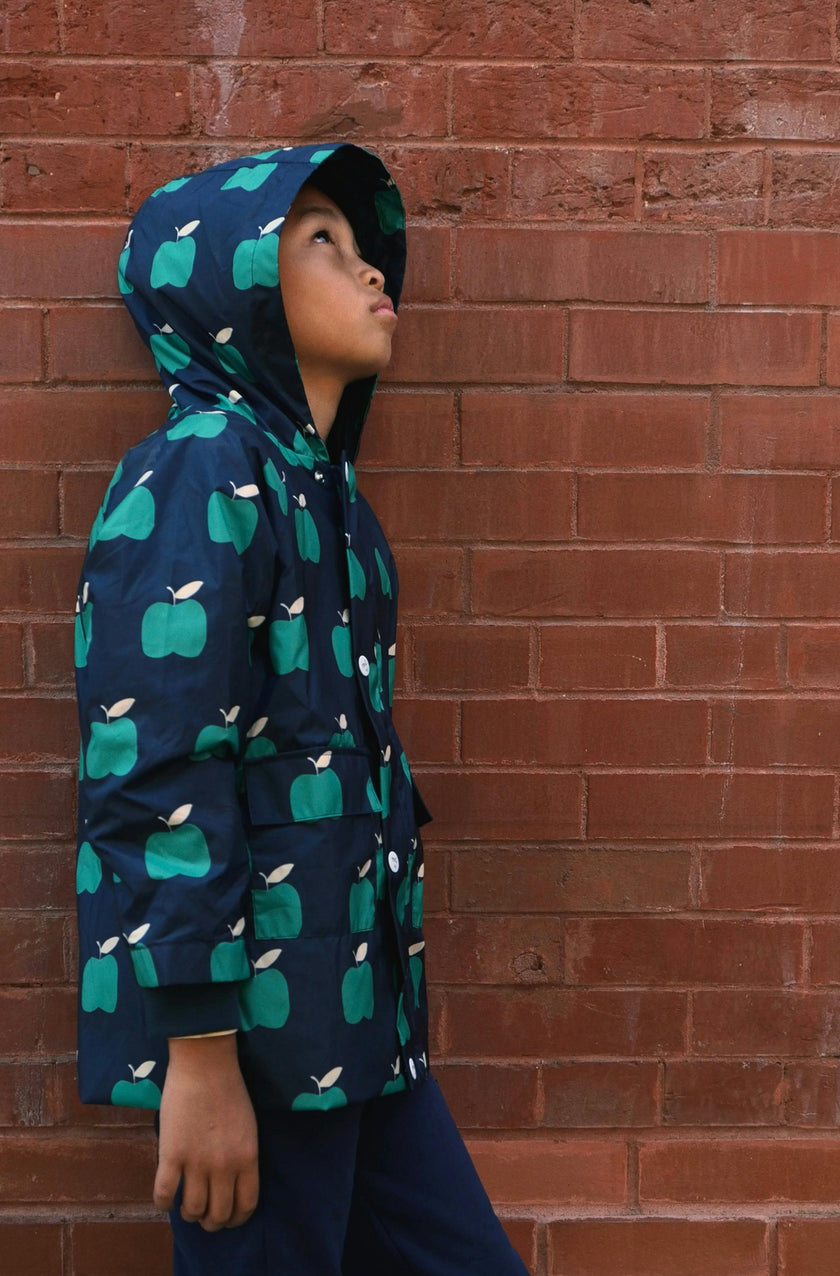 Baby Apple Print Ribbed Cuff Hooded Zipper Raincoat
