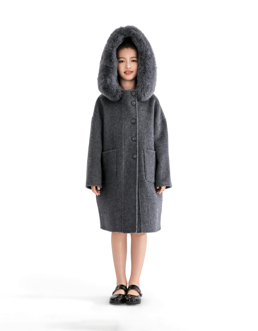 Gray Wool Coat with Faux Fur Hood