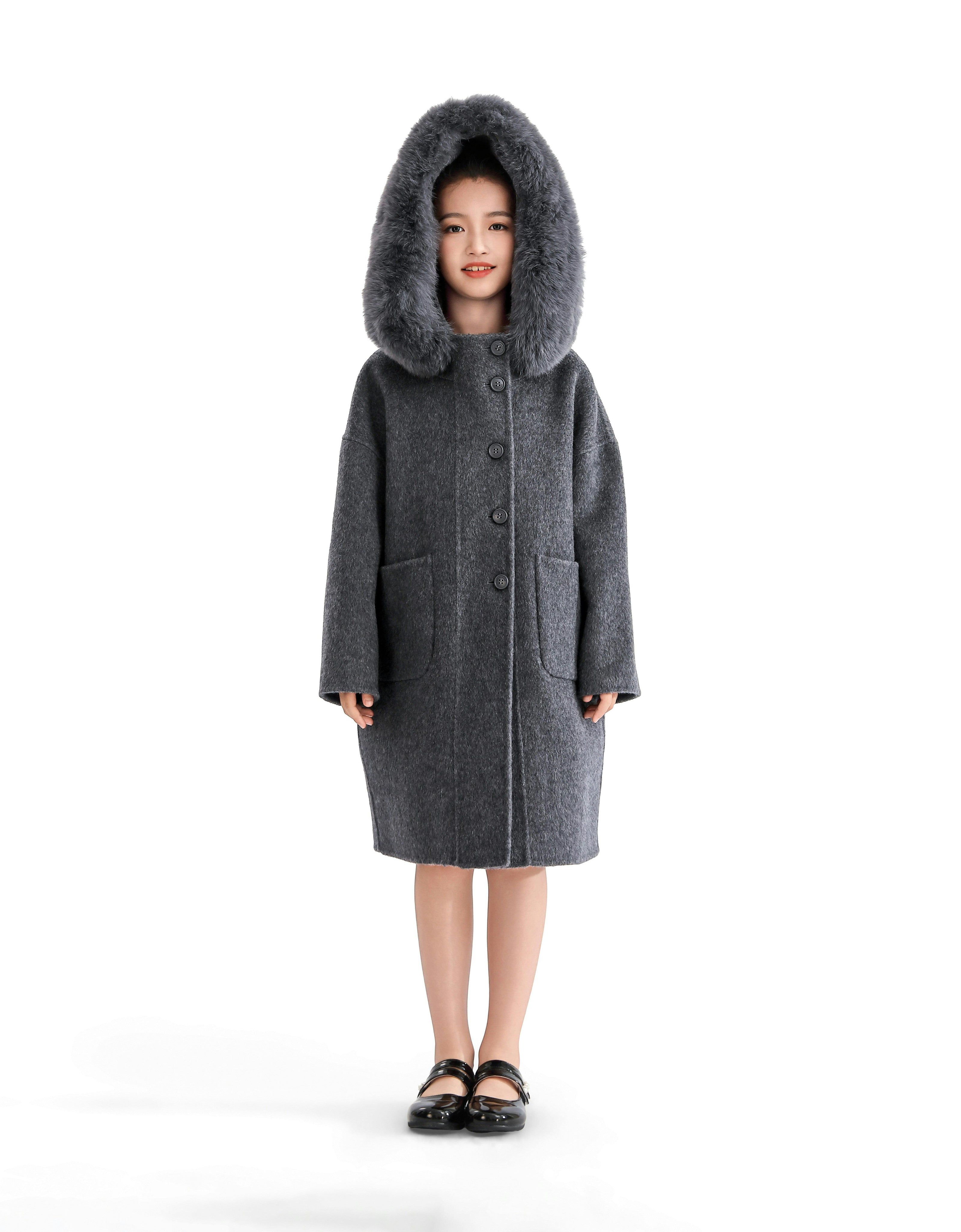 Gray Wool Coat with Faux Fur Hood