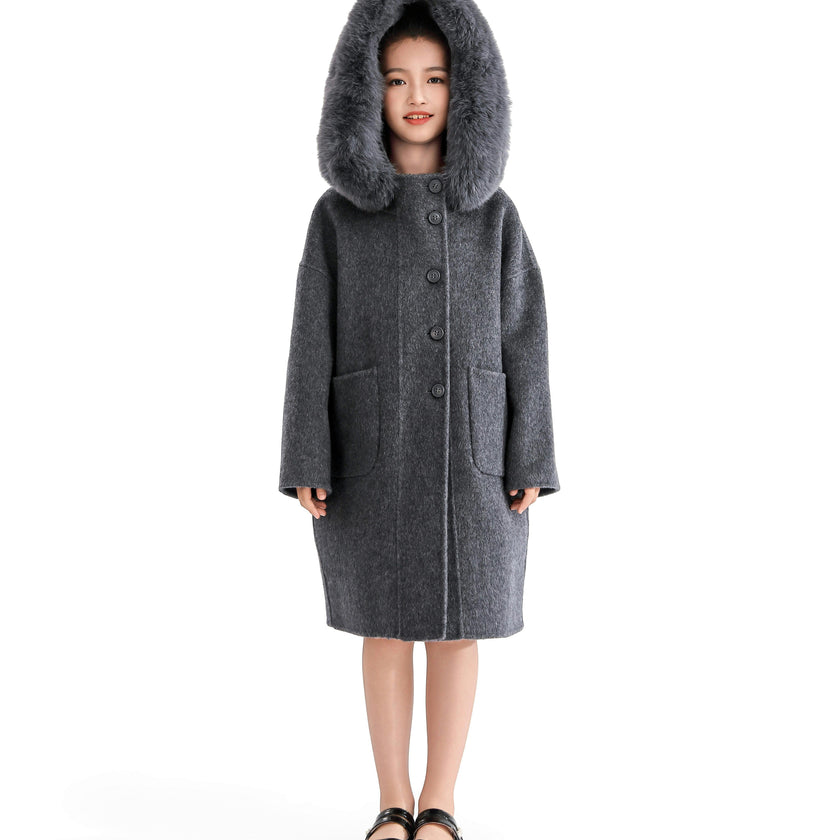 Gray Wool Coat with Faux Fur Hood
