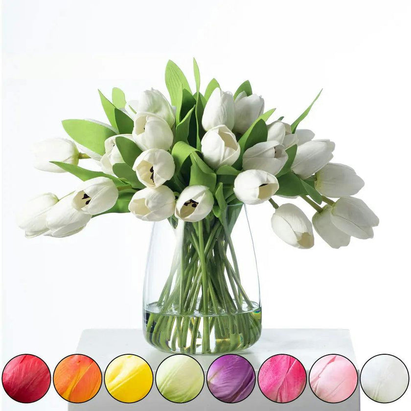 Real Touch White Tulip Faux Floral Everyday Spring Water Illusion Arrangement in Glass Teardrop Vase - Available in Multiple Colors