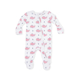 Bubbly Whale with Bow  Pink - 2 Way Ruffle Back Zipper Footie