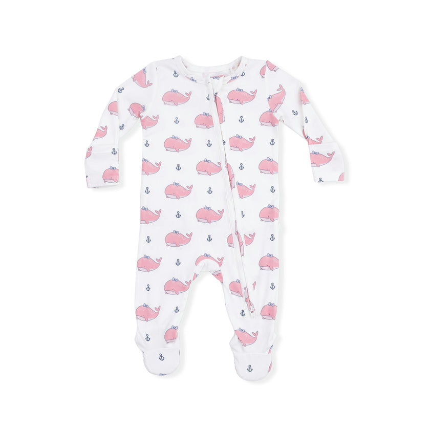 Bubbly Whale with Bow  Pink - 2 Way Ruffle Back Zipper Footie