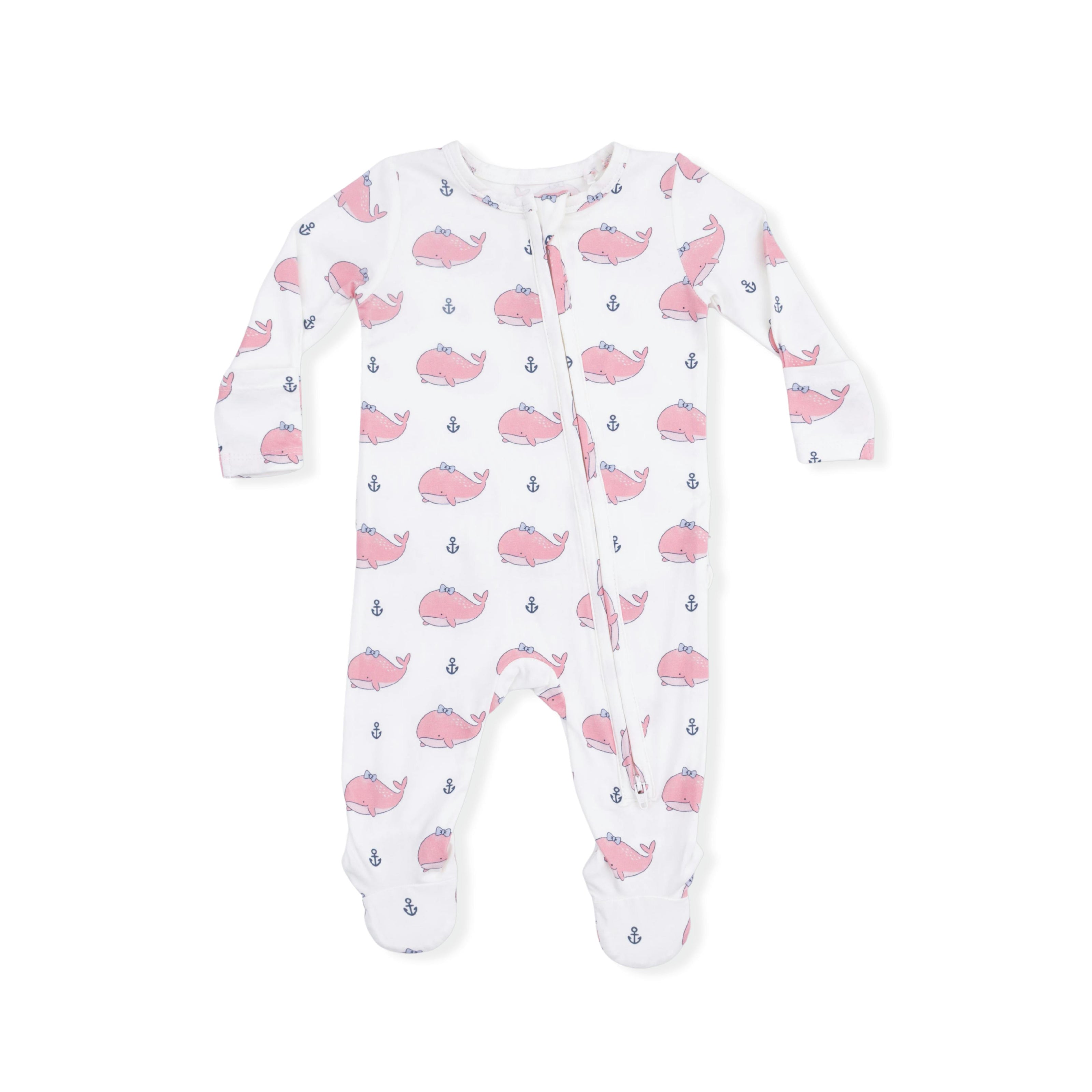 Bubbly Whale with Bow  Pink - 2 Way Ruffle Back Zipper Footie
