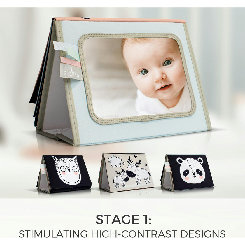 Soft Tummy Time Book w/Large Stimulating Baby Safe Mirror - High Contrast Montessori Toy w/Mirror, Crinkle Filling & Silicone Teether - For Newborn Development