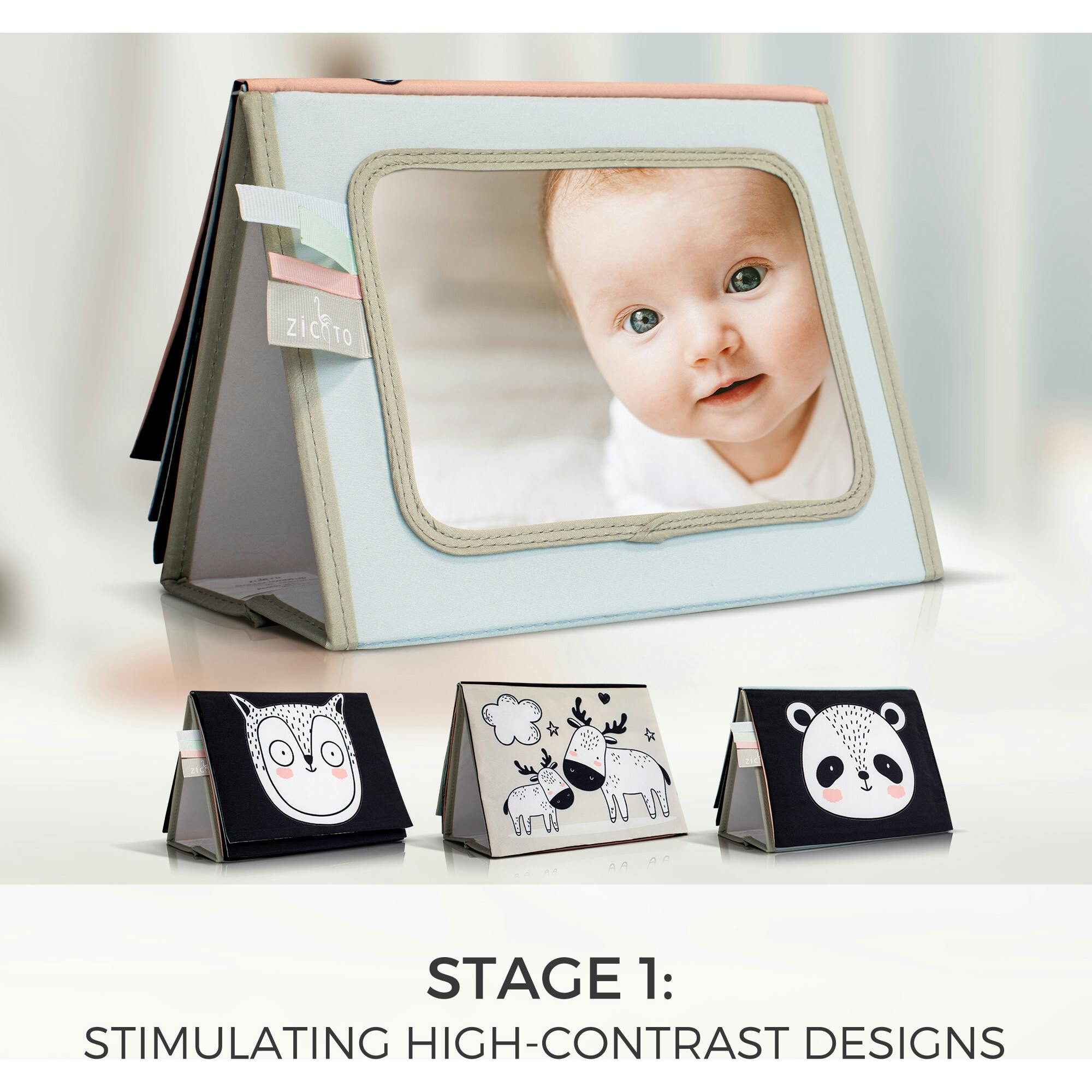 Soft Tummy Time Book w/Large Stimulating Baby Safe Mirror - High Contrast Montessori Toy w/Mirror, Crinkle Filling & Silicone Teether - For Newborn Development