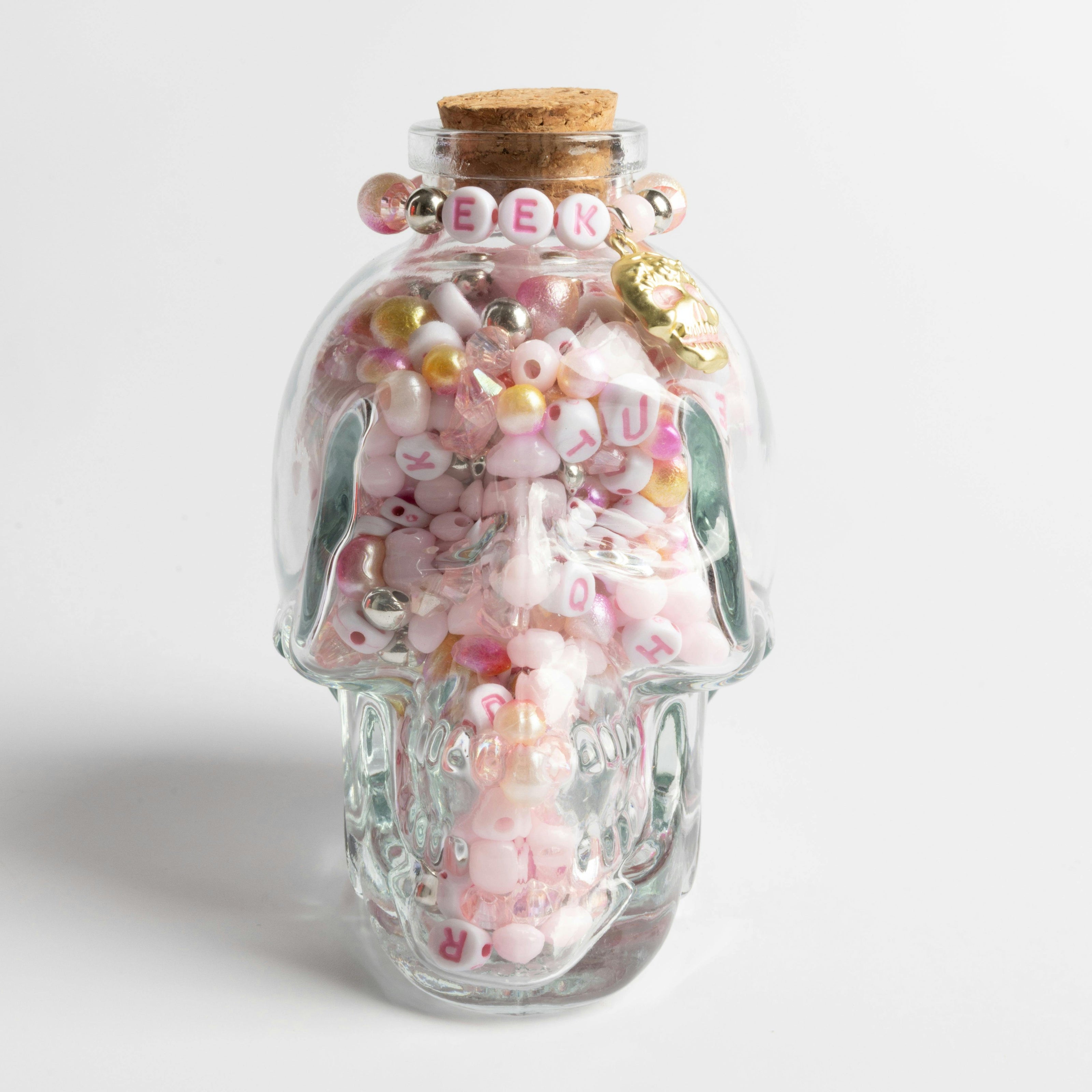 Skull Shaped Jar Gold Skull Charm Pink and White Letter Beads DIY Jar