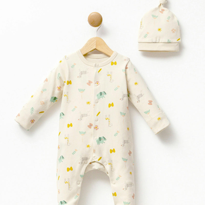 Cream Animal Print Babygrow & Hat