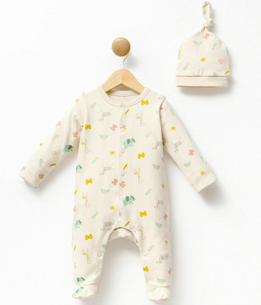 Cream Animal Print Babygrow & Hat
