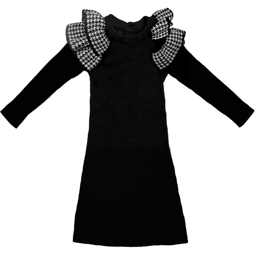 Girls Houndstooth Ruffle Knit Dress