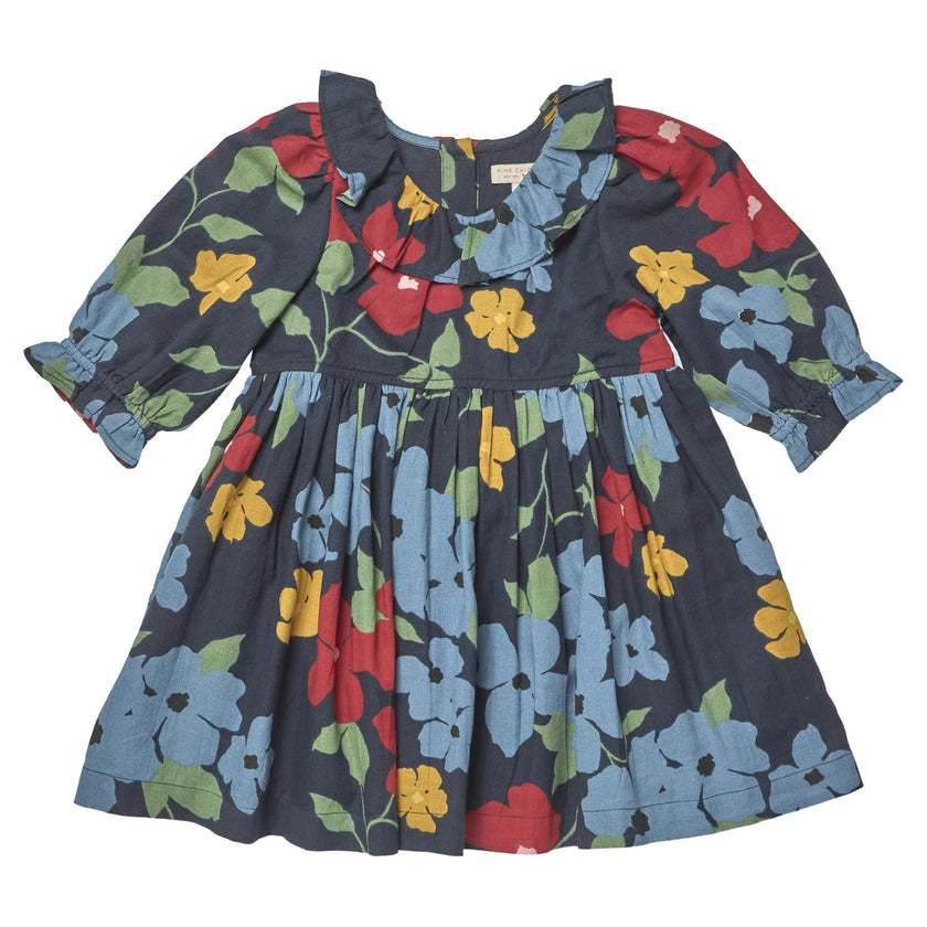 Girls Amara Dress - Navy Hibiscus Floral