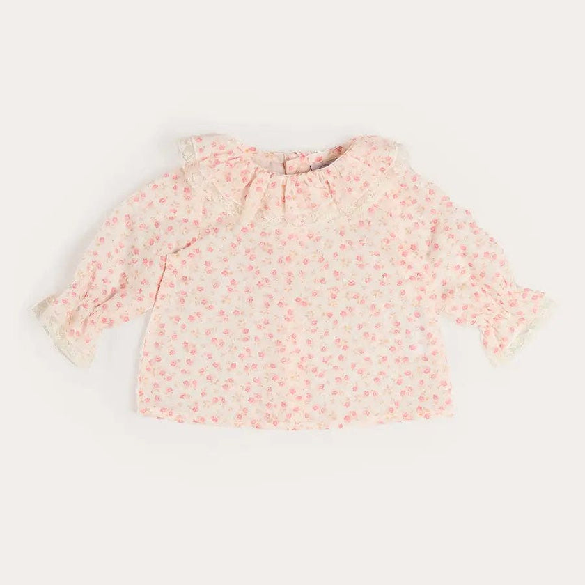 Martha Floral Ruffle Collar Lace Trim Long Sleeve Blouse in Pink (1mth-12mths)