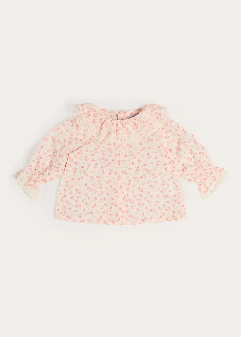 Martha Floral Ruffle Collar Lace Trim Long Sleeve Blouse in Pink (1mth-12mths)