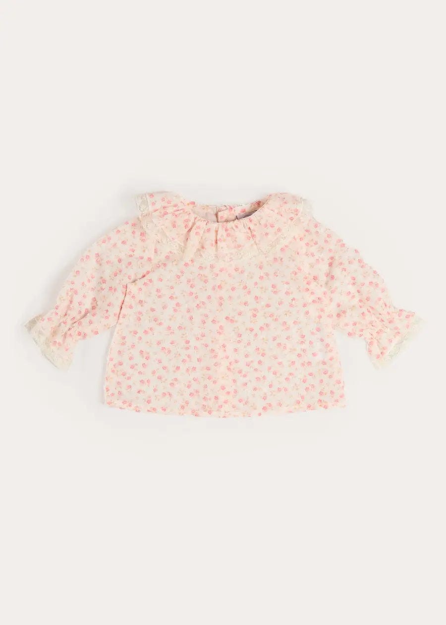 Martha Floral Ruffle Collar Lace Trim Long Sleeve Blouse in Pink (1mth-12mths)