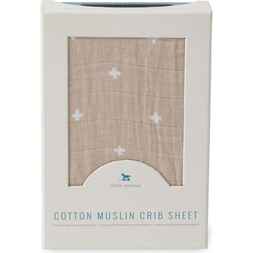 Cotton Muslin Crib Sheet - Taupe Cross