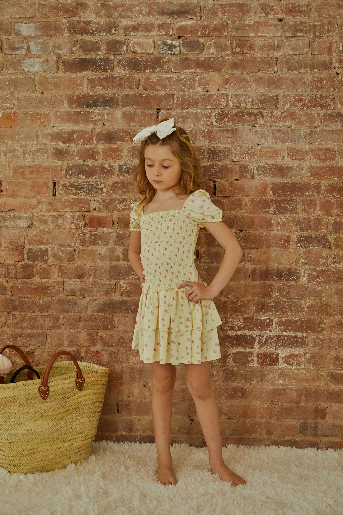 Lexi Pastel Yellow Ditsy Satin Smocked Short Sleeve Ruffle Dress