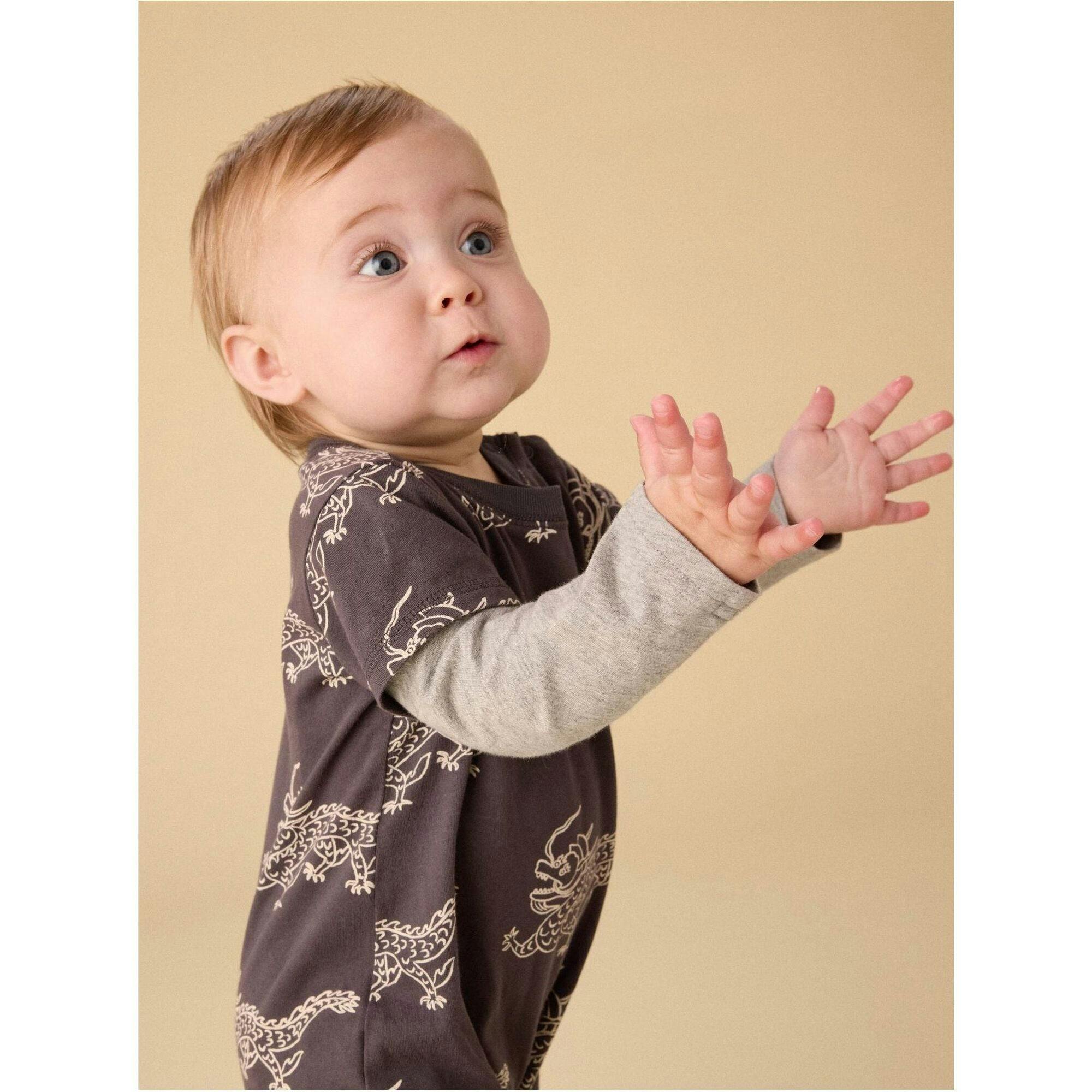 Layered Button-Up Baby Romper, Grey