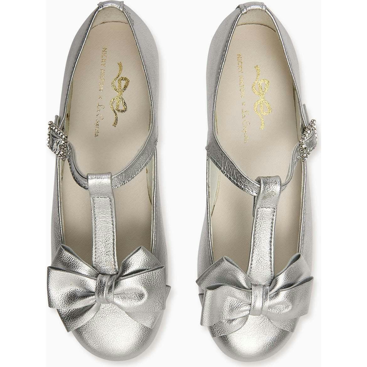 Nicky Hilton x La Coqueta Silver Tessa Leather Girl T-Bar Shoes