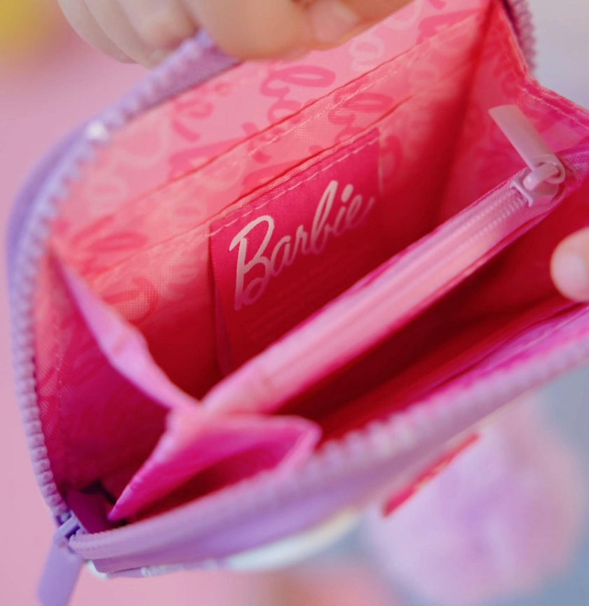 Barbie™ Purple Checkered Kids Zip Wallet with Pom Charm