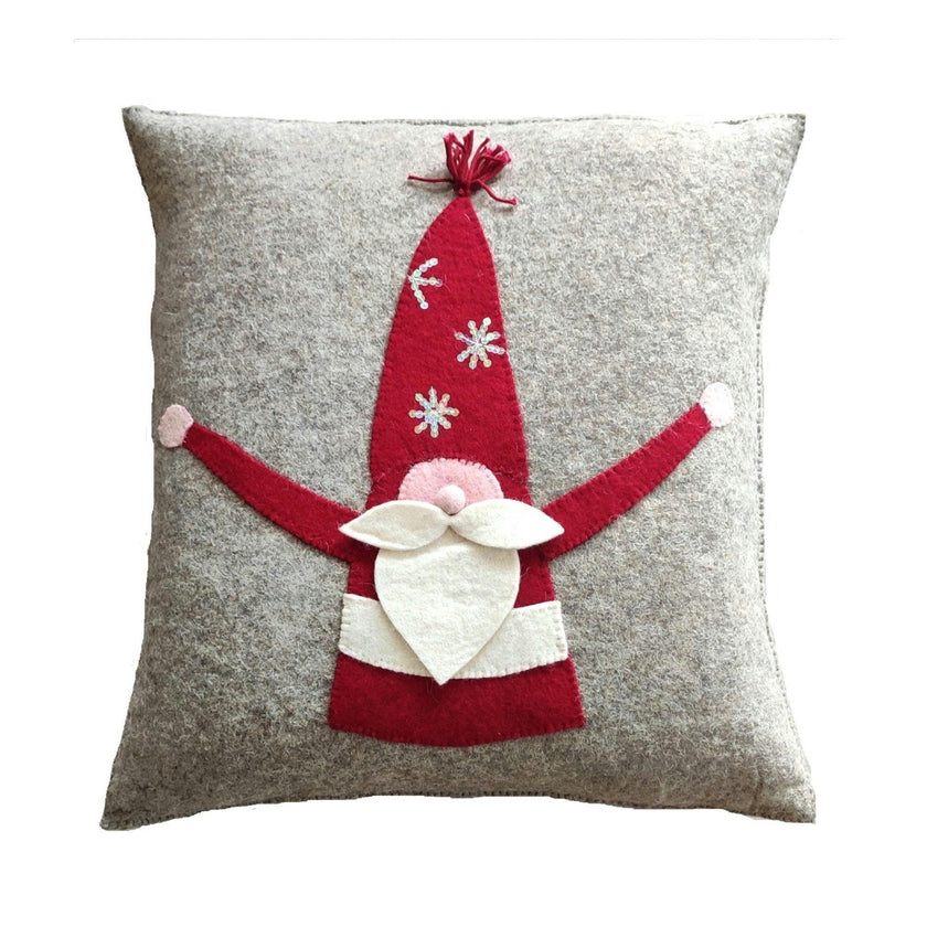 Hand Felted Wool Pillow - Gnome Red Sequin Hat - 20" Arcadia Home