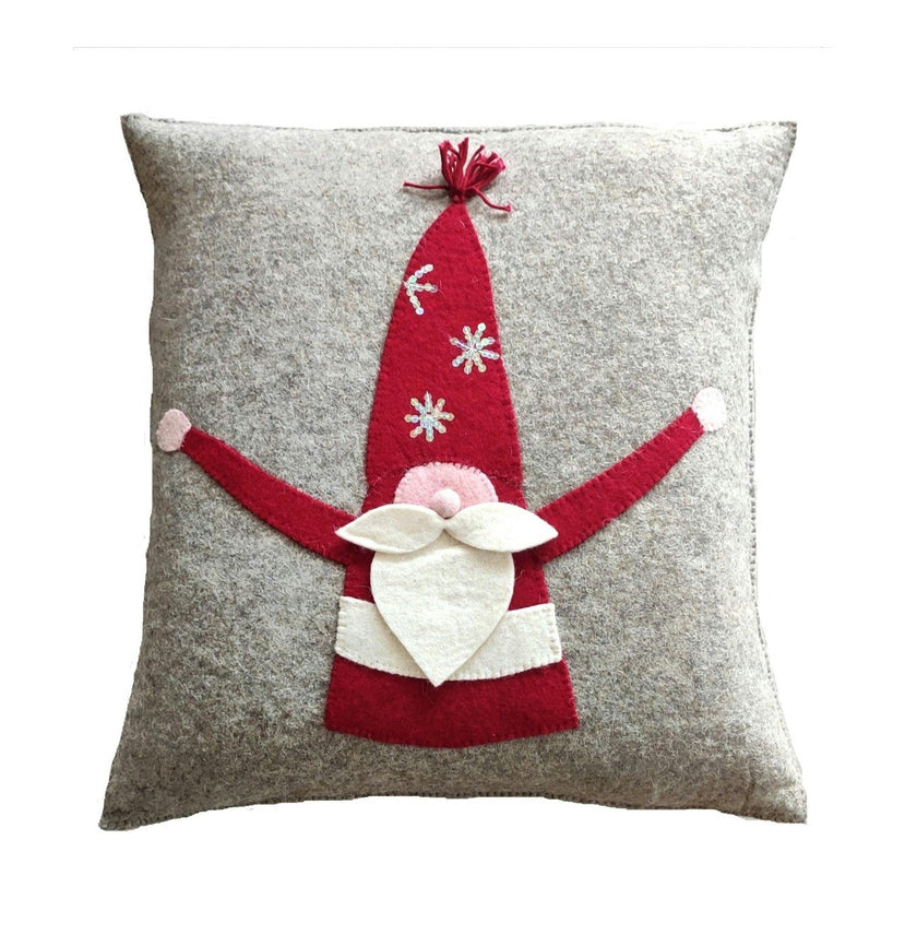 Hand Felted Wool Pillow - Gnome Red Sequin Hat - 20"