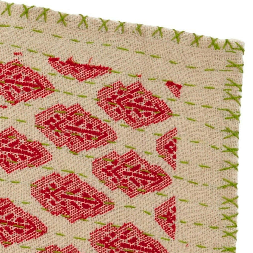 Artisan Hand Loomed Cotton Table Runner - Red Green Stitching - 18"x96" Arcadia Home