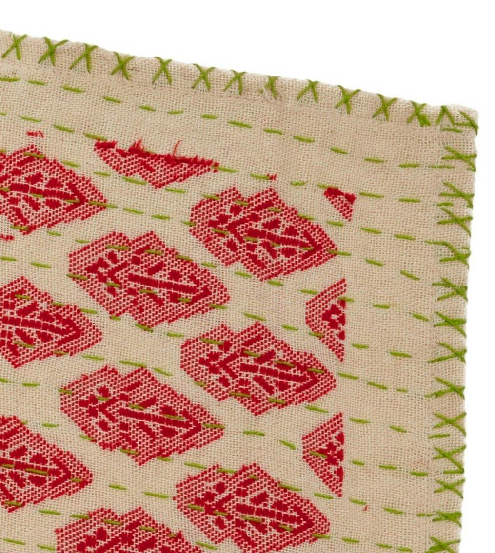 Artisan Hand Loomed Cotton Table Runner - Red Green Stitching - 18