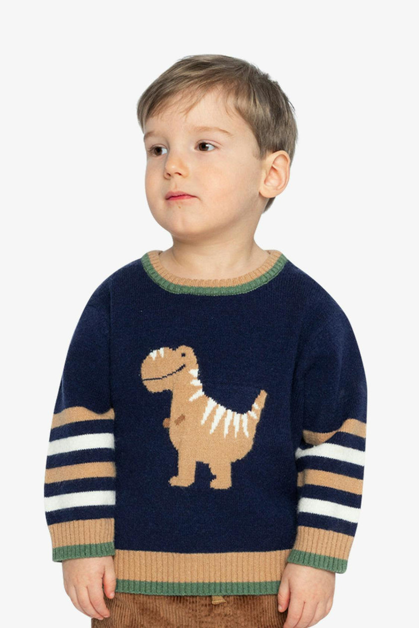 Knit Sweater With Intarsia Dark Blue, Brown And Beige