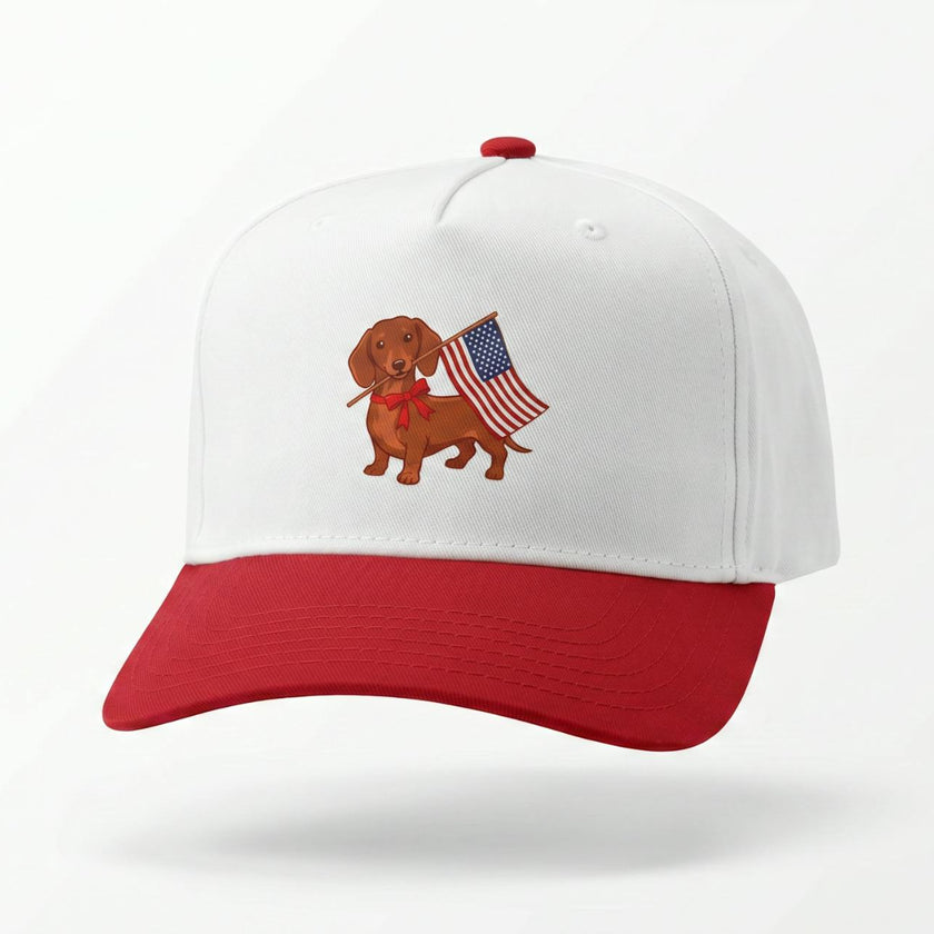 USA DACHSHUND Printed Patriotic Hat, White/Red