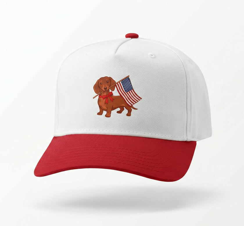 USA DACHSHUND Printed Patriotic Hat, White/Red