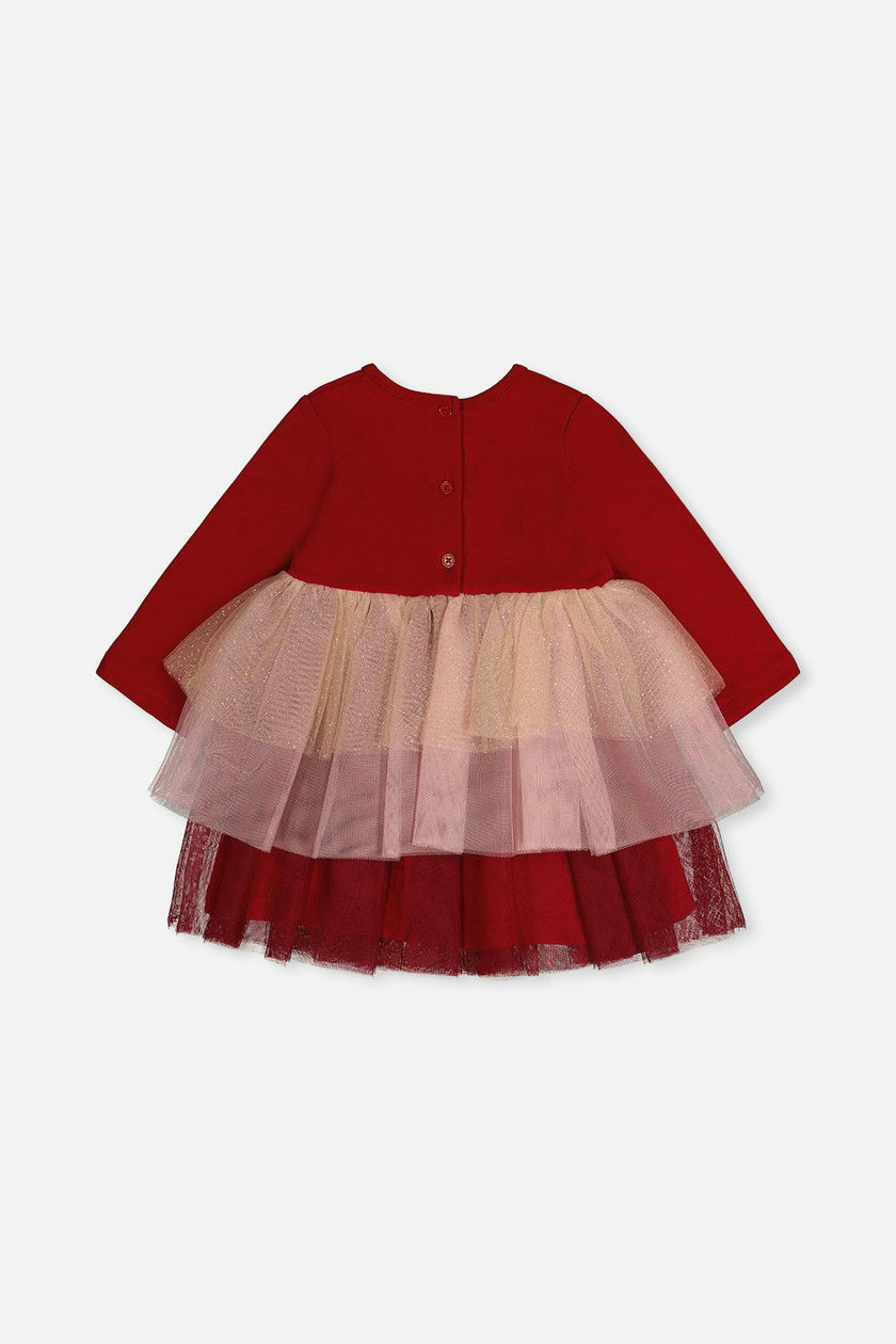 Bi-Material Dress With Glittering Skirt Red