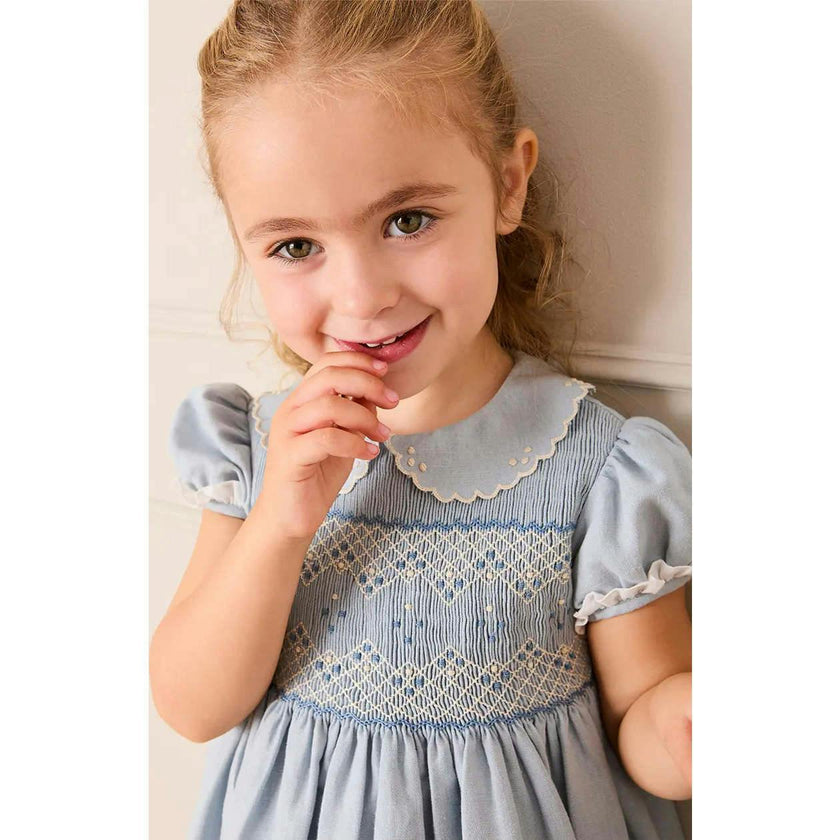 Hand Smocked Peter Pan Collar Short Sleeve Dress in Sky Blue (12mths-10yrs)