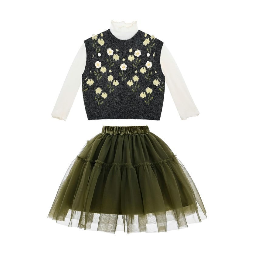 Floral Knit Vest & Tulle Skirt Set