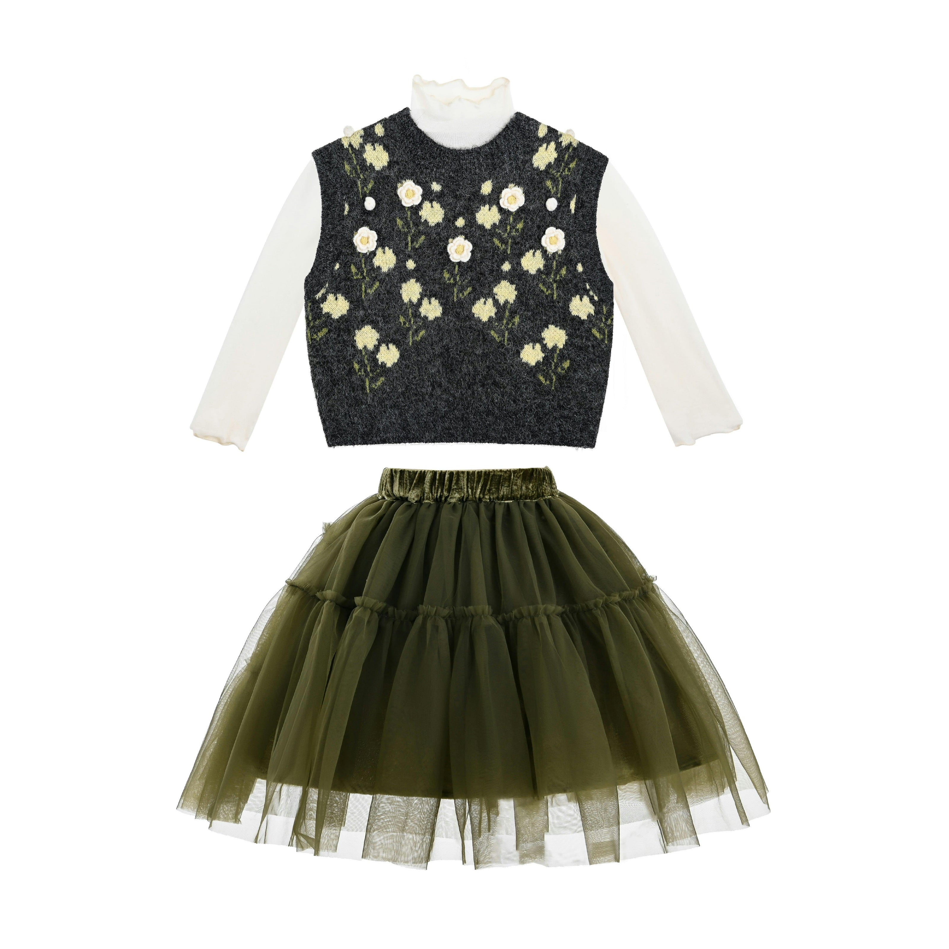 Floral Knit Vest & Tulle Skirt Set