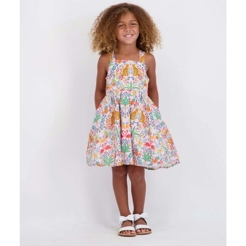 Girls Textured Cotton Poplin Dress | Pink Cheetah