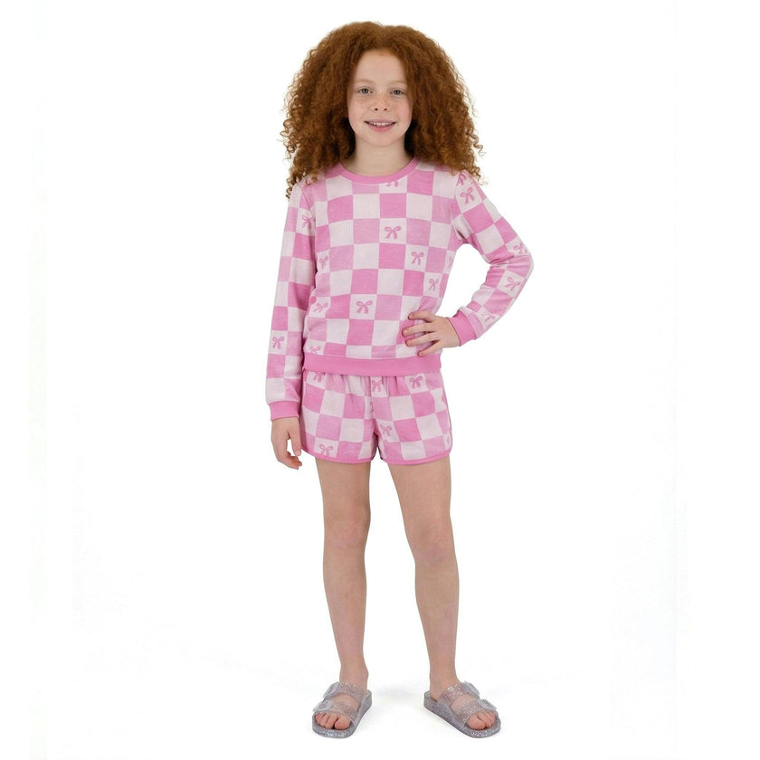Tween Girls Terry Pull-Over & Short Set | Checkered Bow