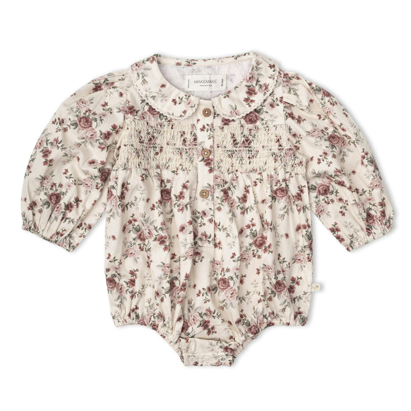 Organic Smocked Long Sleeve Bubble Romper - Wildrose