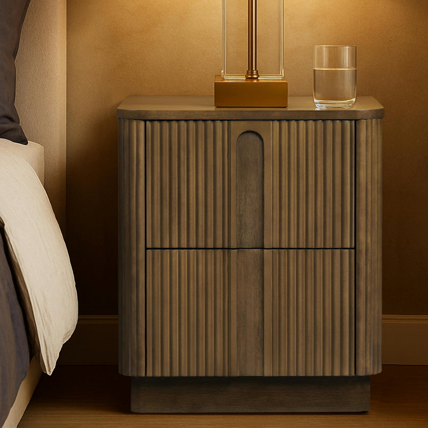 Potomac Reeding Pattern 2 Drawer Push to Open Nightstand Greige Wood Accent Storage