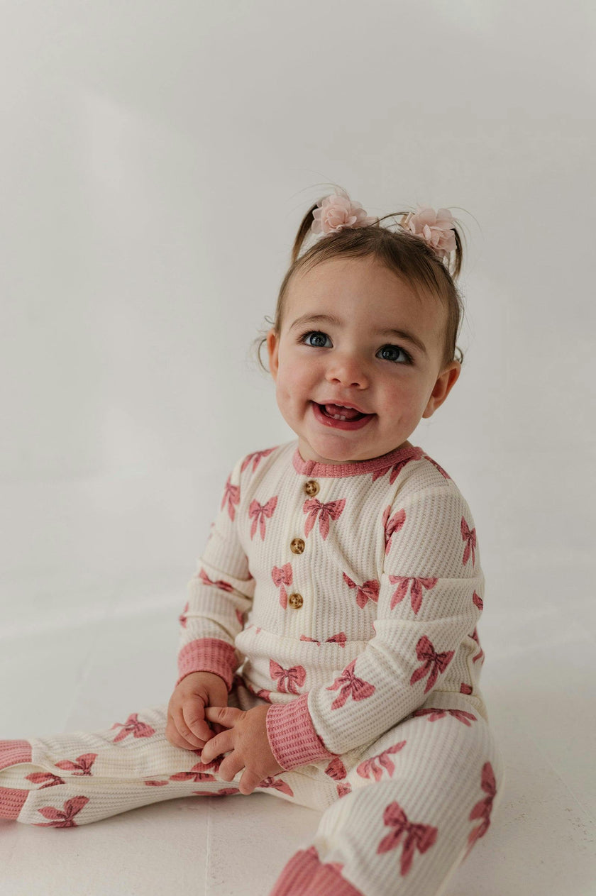 Baby Girl Waffle Romper in Rose Elegance Bows