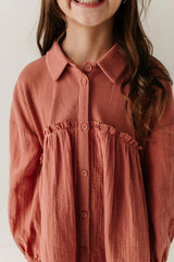 Girls Button Front Gauze Dress in Brick Dust
