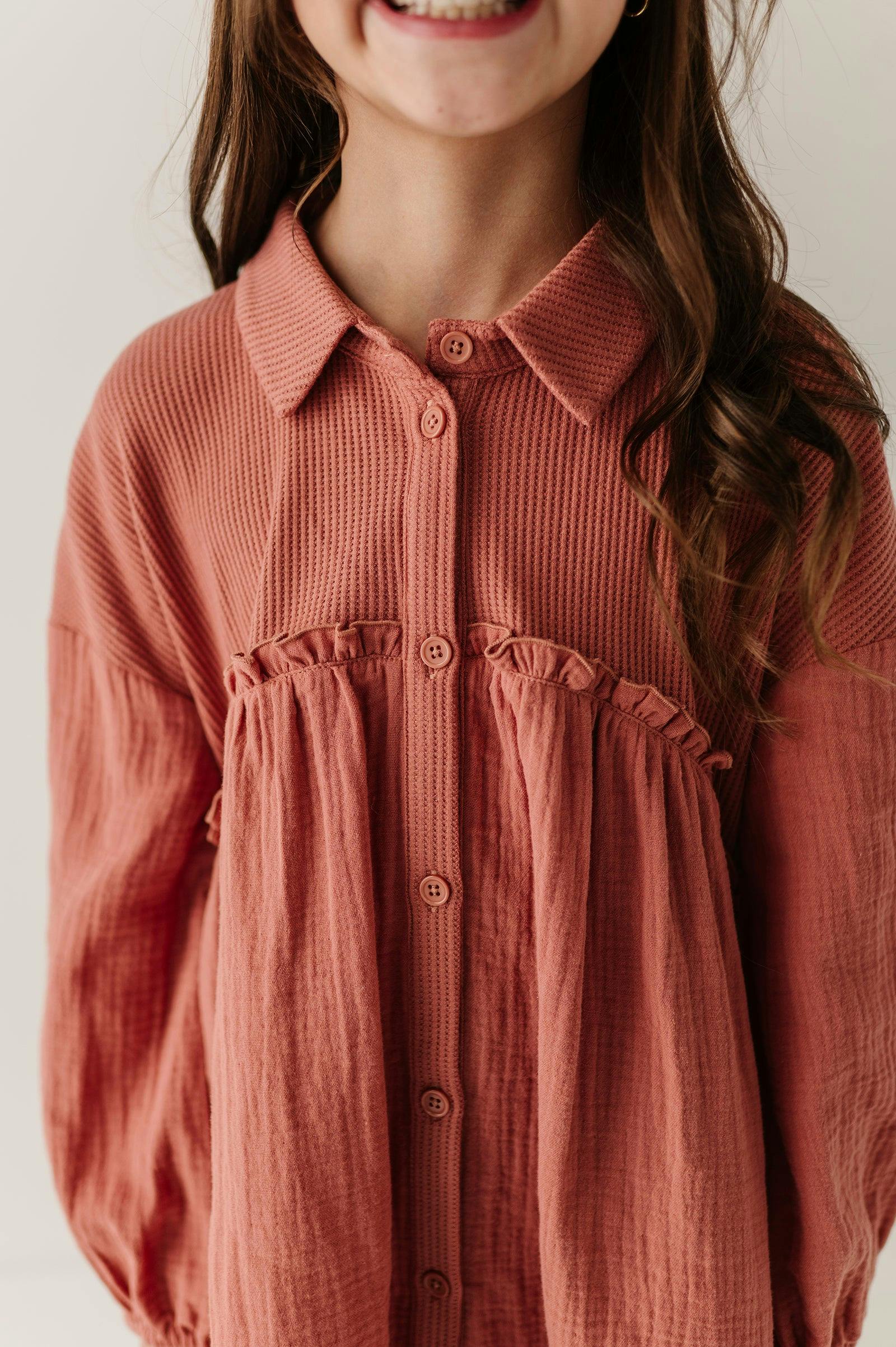 Girls Button Front Gauze Dress in Brick Dust