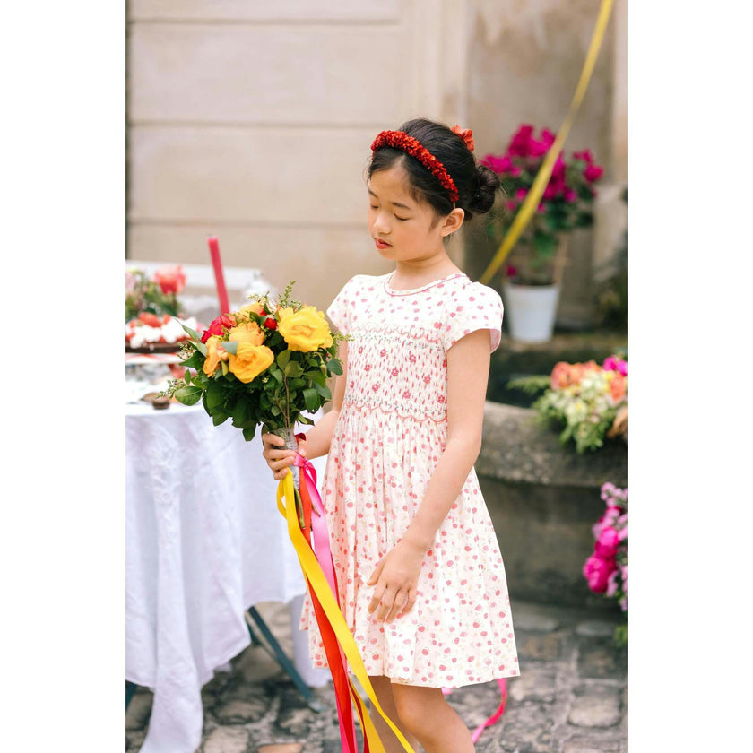 Poppy Pink Short Puff Sleeves Smocked Dress