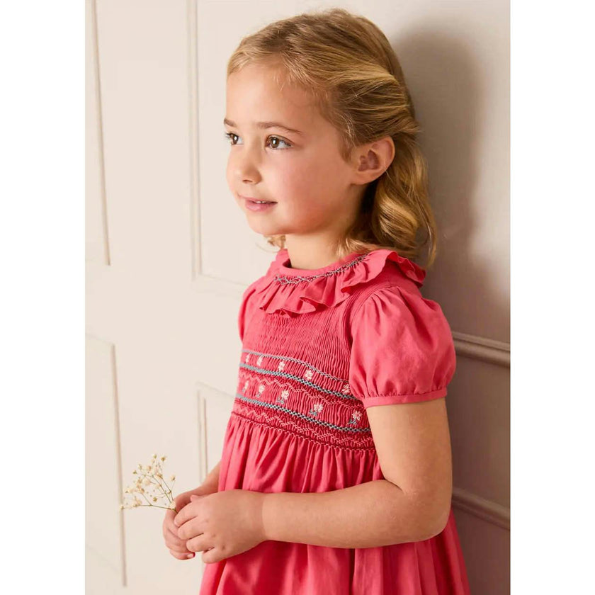 Hand Smocked Flower Embroidered Dress in Strawberry (12mths- 10yrs)