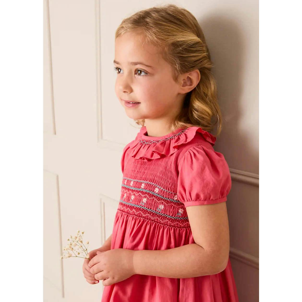 Hand Smocked Flower Embroidered Dress in Strawberry (12mths- 10yrs)