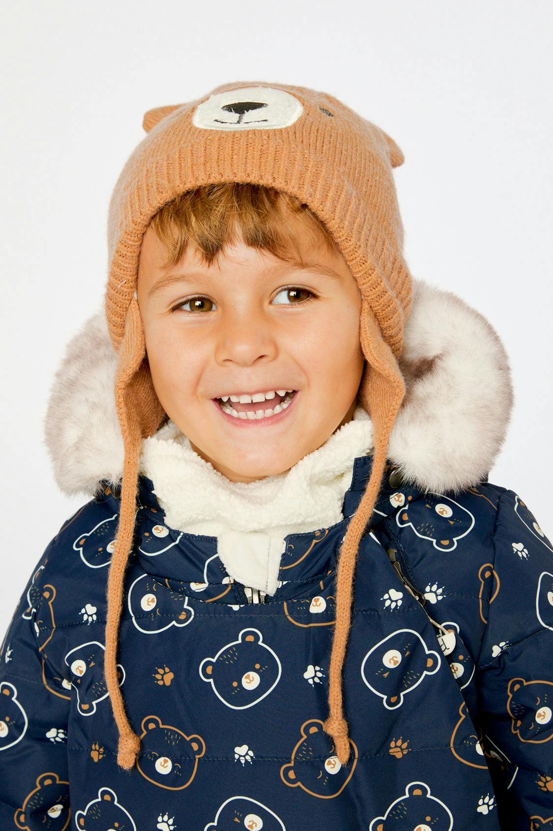 Baby Bear Winter Knit Hat With Ear Flaps And Ears Brown Sugar