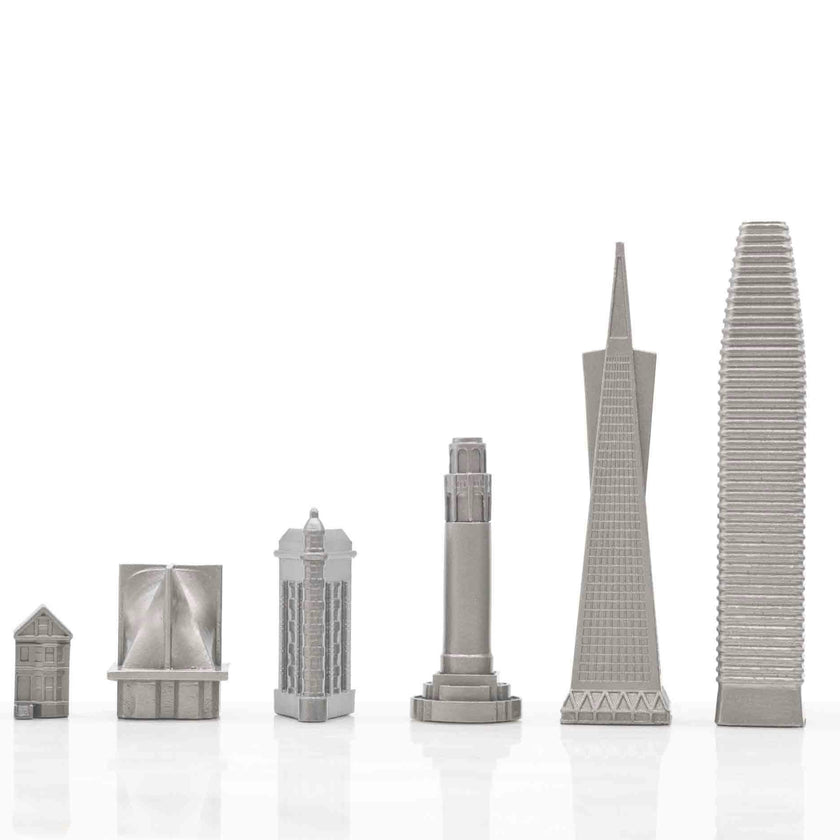 Chess Set Stainless Steel SAN FRANCISCO with Wood Map Board