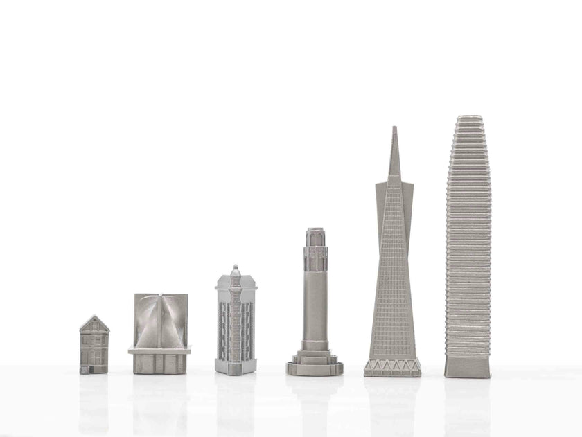 Chess Set Stainless Steel SAN FRANCISCO with Wood Map Board
