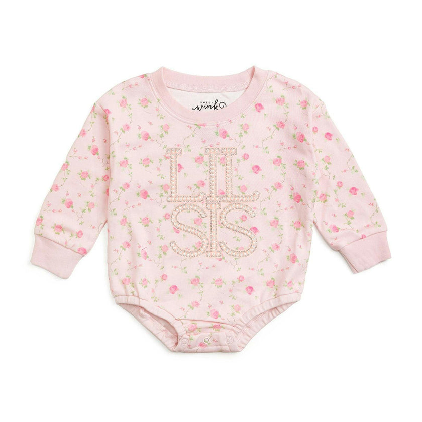 Pink Rose Lil Sis Pearl Patch Long Sleeve Romper