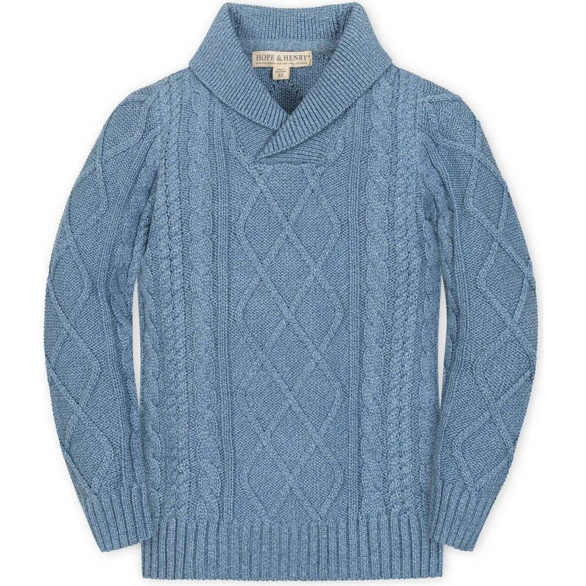 Organic Long Sleeve Shawl Collar Cable Sweater, Blue