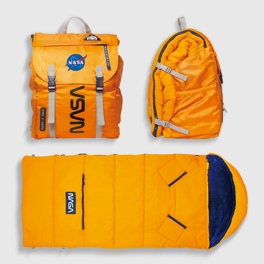 Sleep-N-Pack™ – Big Kid Size | NASA Official Logo & Patches | 2-in-1 Backpack & Sleeping Bag with Cozy Fleece Liner - ORANGE